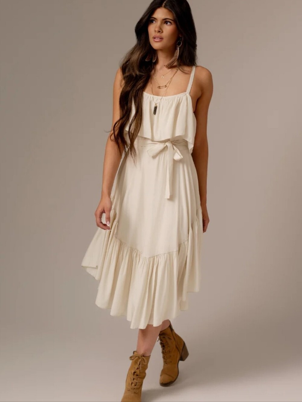JOYFOLIE Basic Midi Dress In Ecru Size Medium Country Boho NWOT